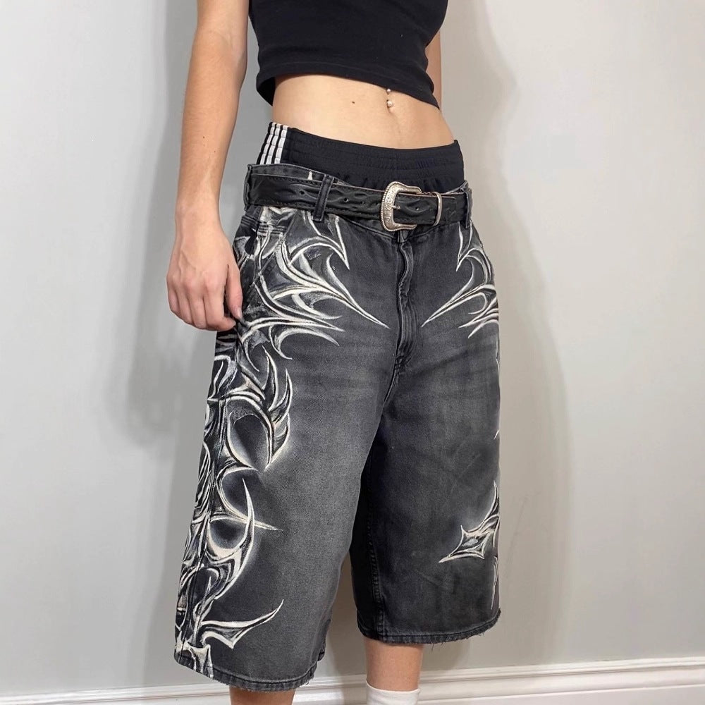 American Vintage Washed Tribal Print Denim Shorts