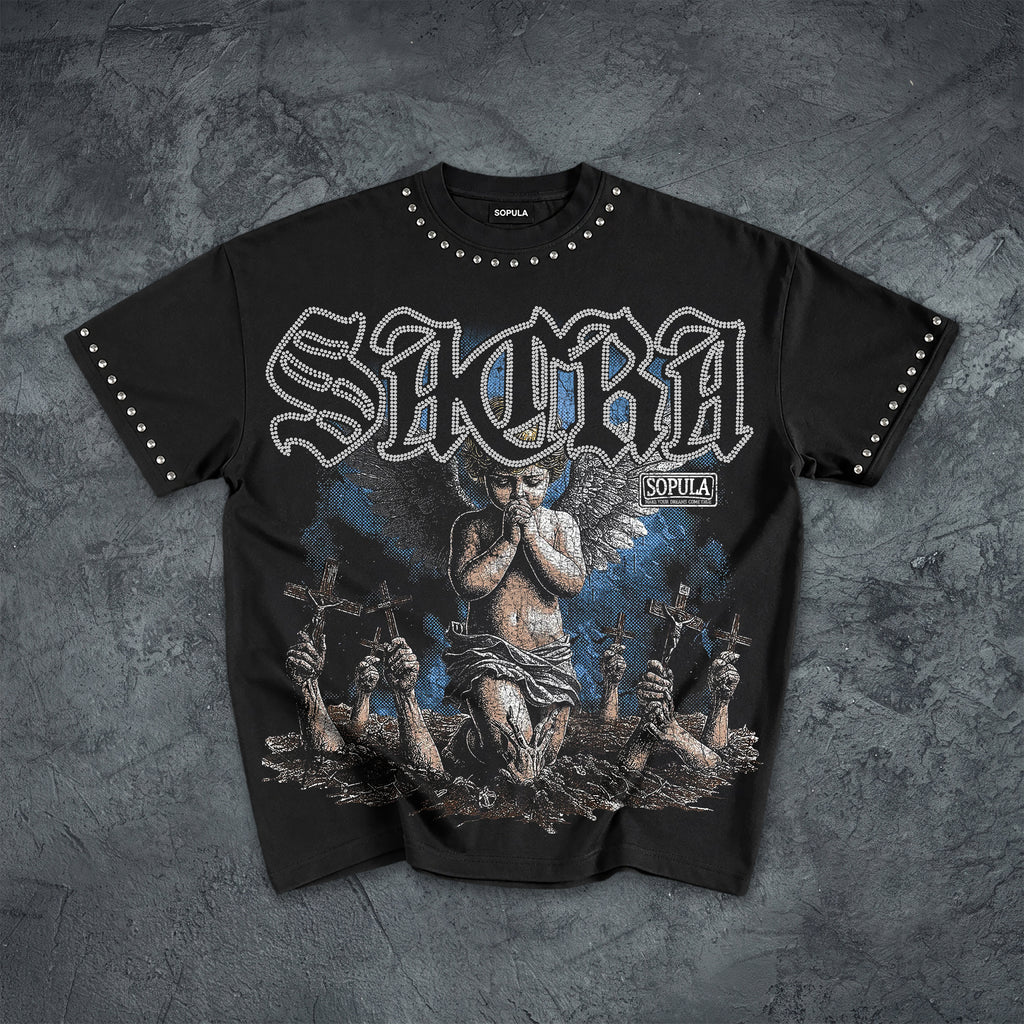 Sacra Angel T-shirt & Cross Appliqué Denim Shorts Set