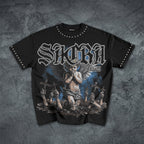 Sacra Angel T-shirt & Cross Appliqué Denim Shorts Set
