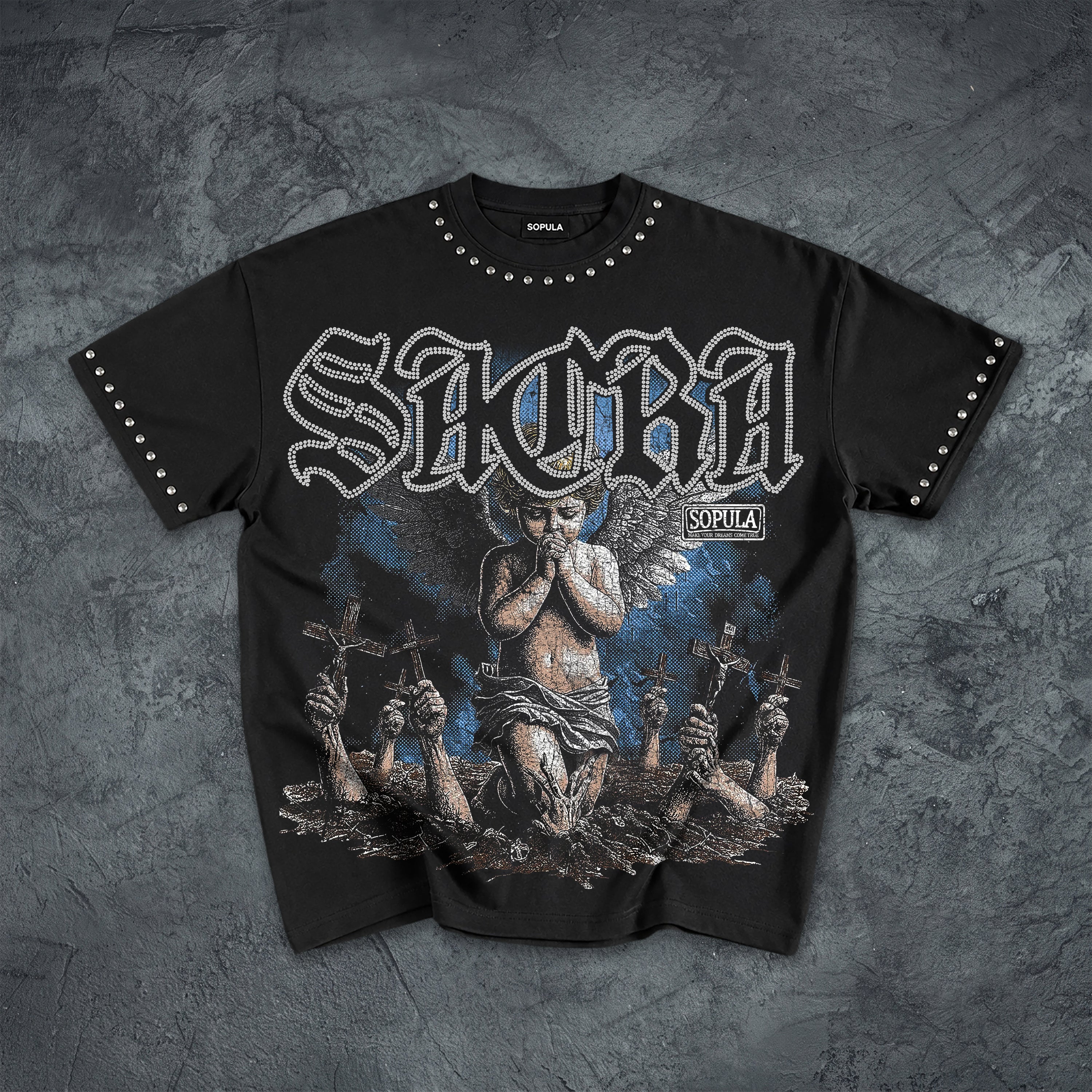 Sacra Angel T-shirt & Cross Appliqué Denim Shorts Set