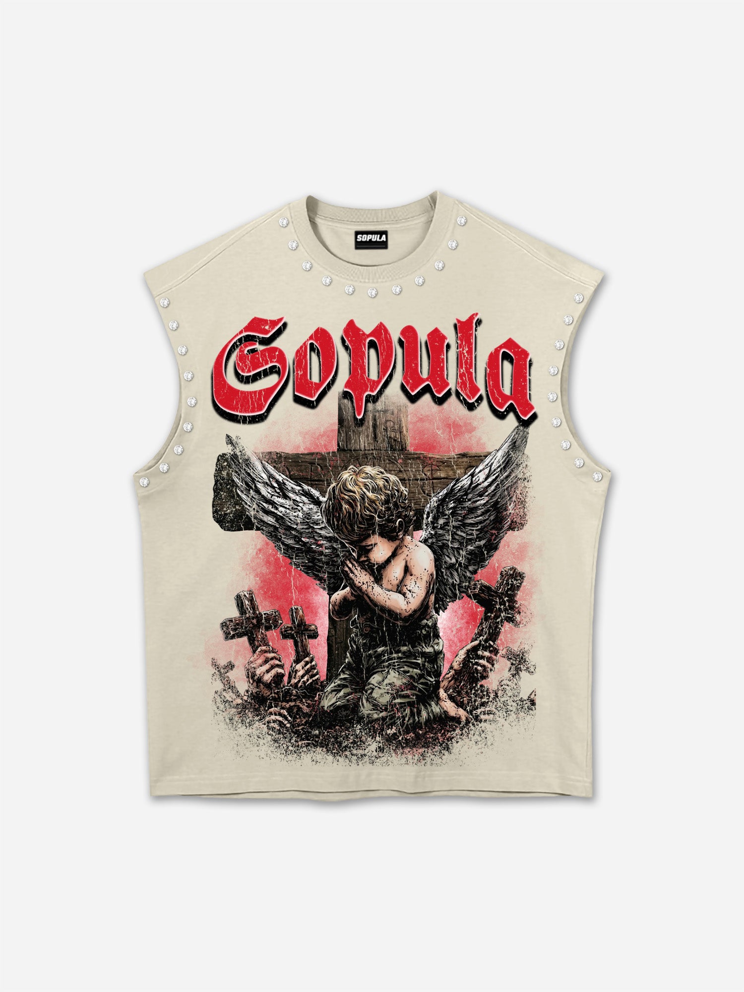 Angels Praying In Hell Vintage Graphic Rhinestone Tank Top