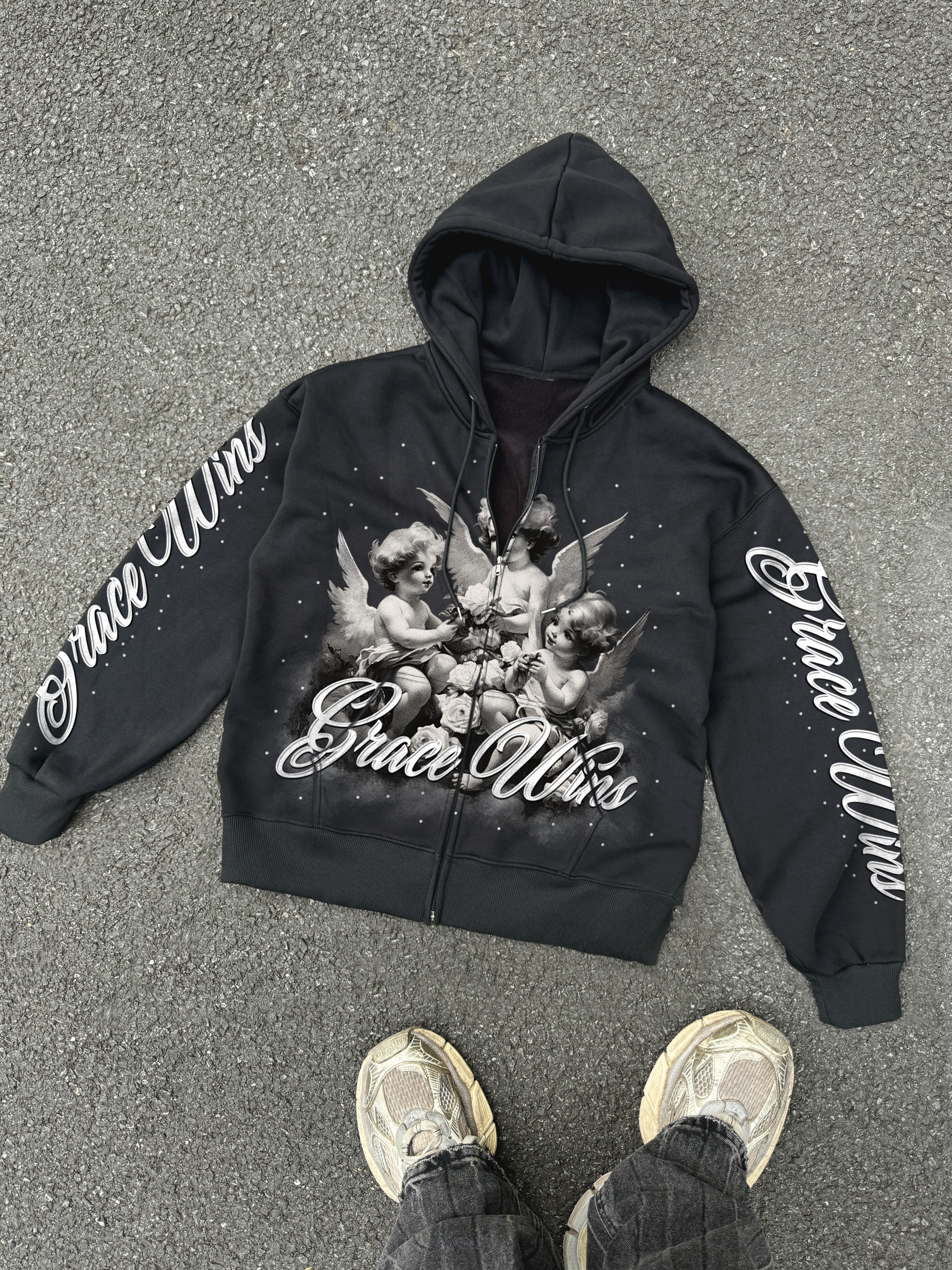 Grace Wins Angel Vintage Graphic Zip-up Hoodie