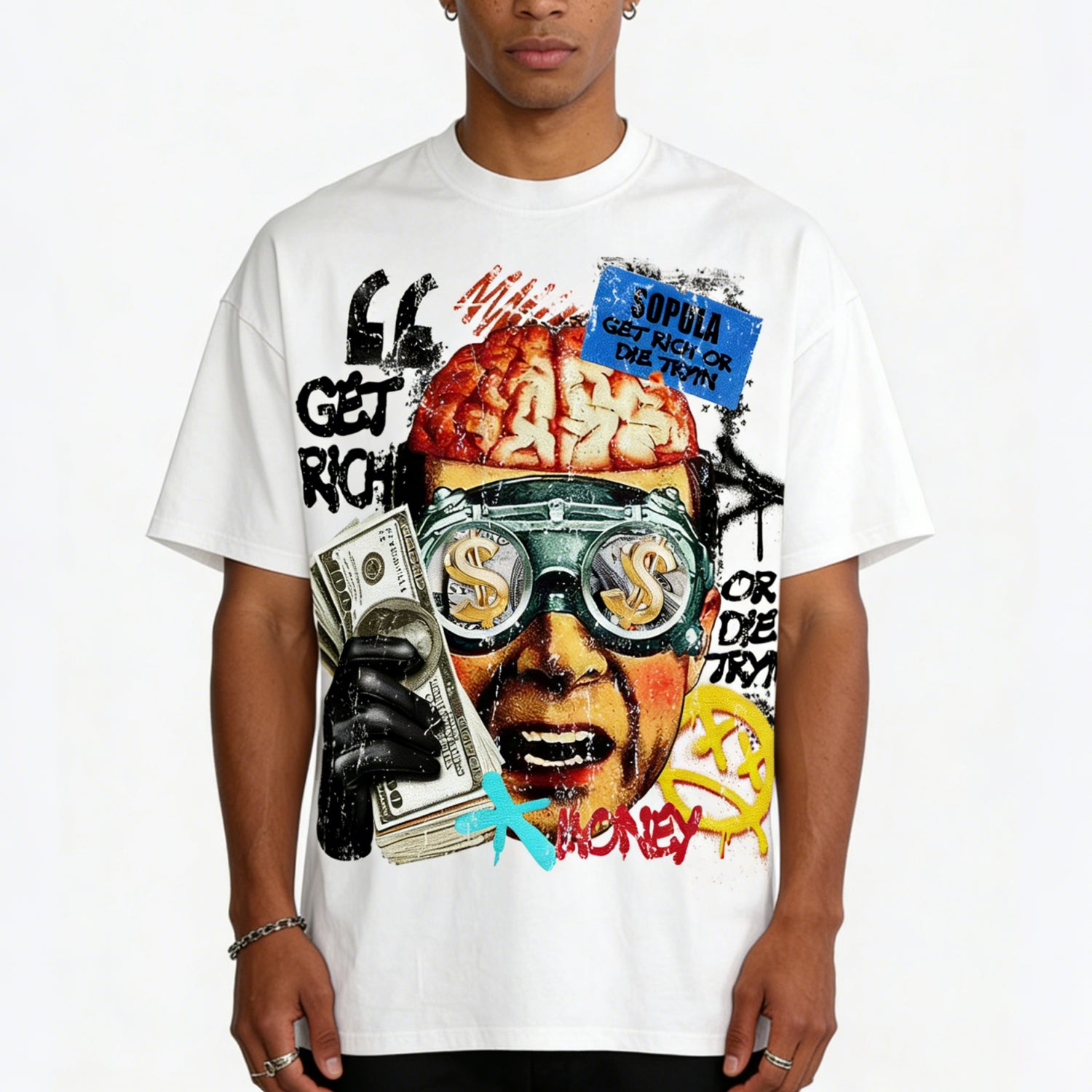 Vintage Get Rich Money Portrait Print Cotton T-shirt