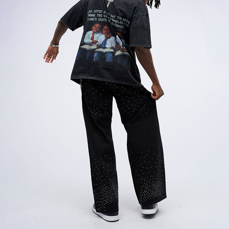 Cross Rhinestones Fit Denim Baggy Jeans
