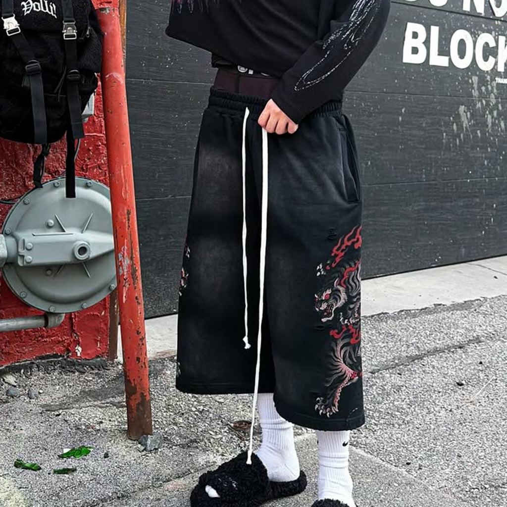 Retro Japanese Style Tiger Print Drawstring Loose Sweatpants
