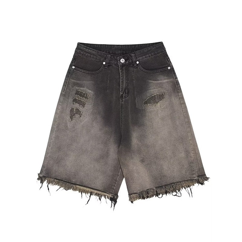 Retro Washed Gradient Ripped Loose Denim Shorts