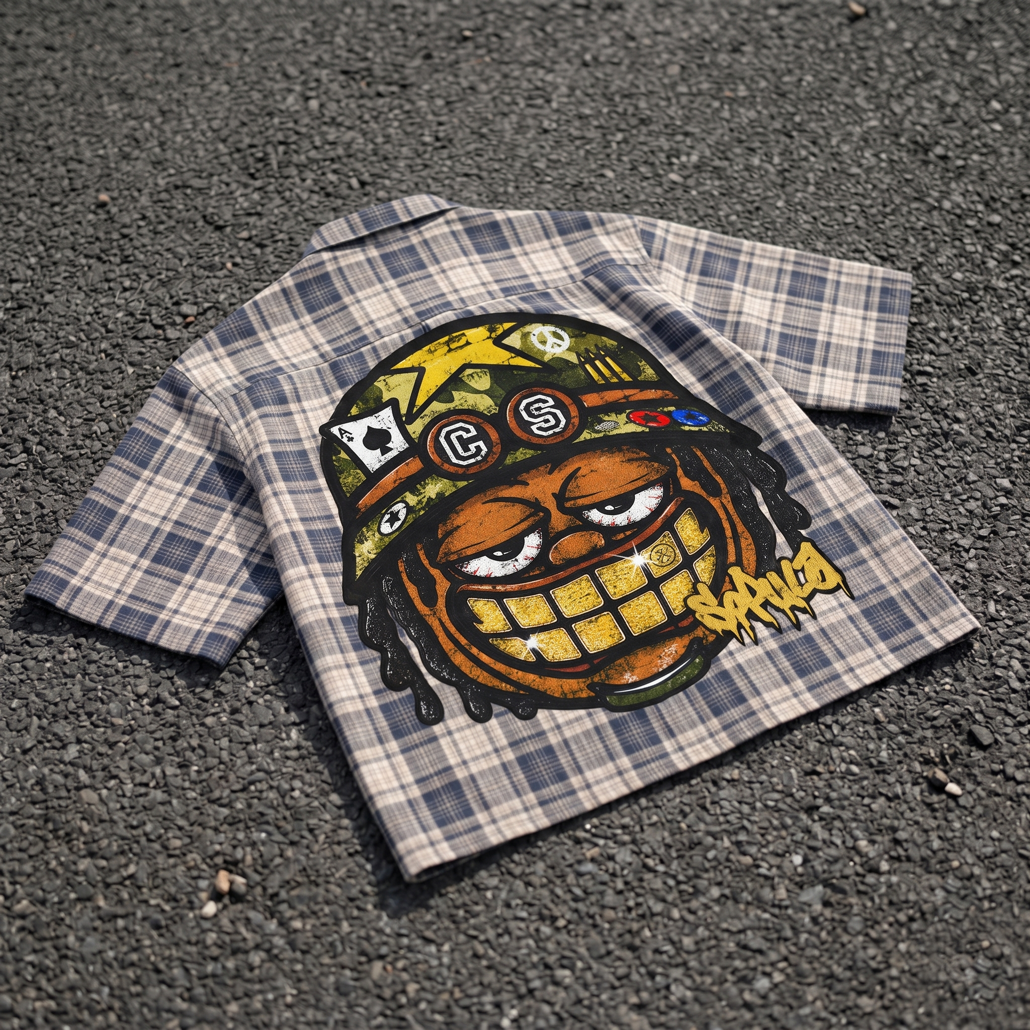 Graffiti Big Head Warrior Graphic Plaid Jacket Shirt