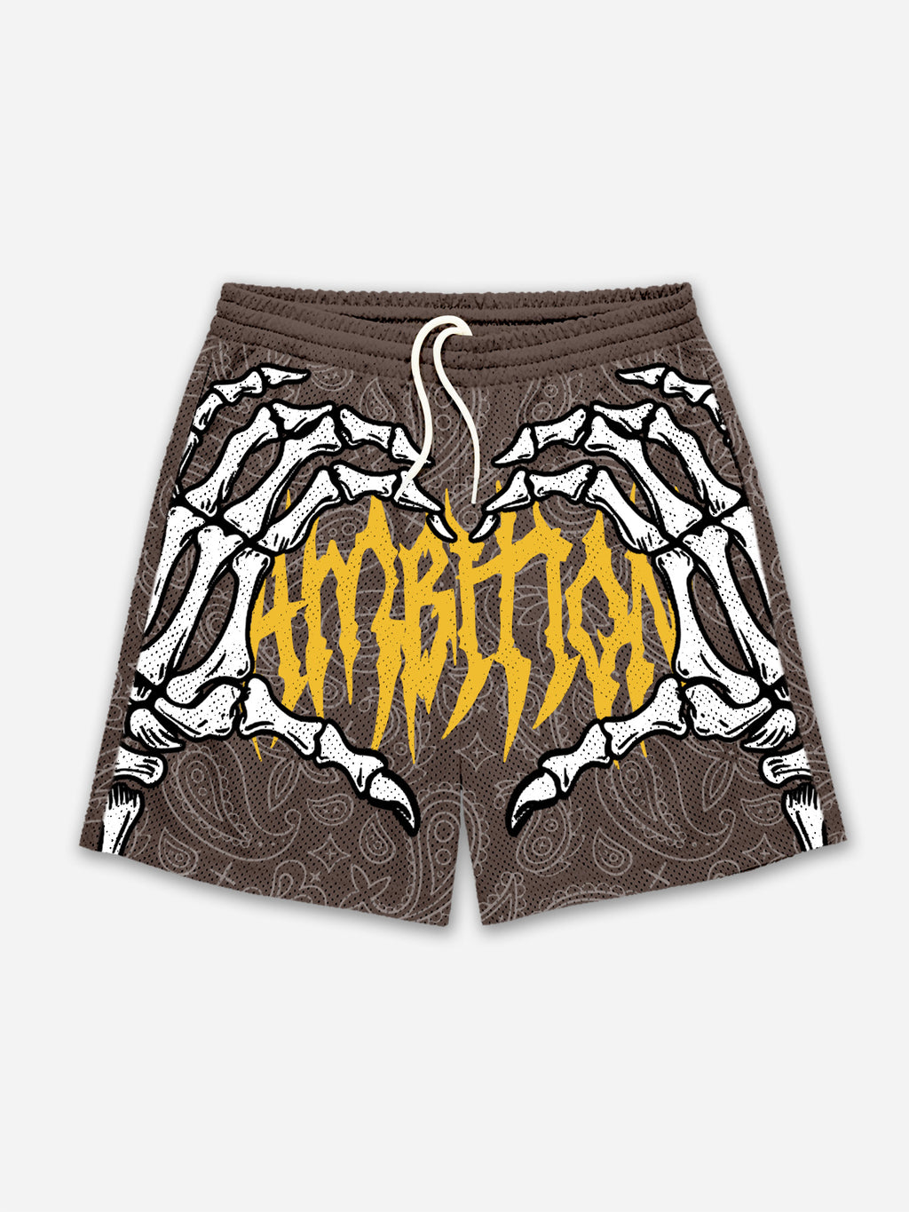 Ambition Skull Hand Cashew Flower Graphic Mesh Shorts