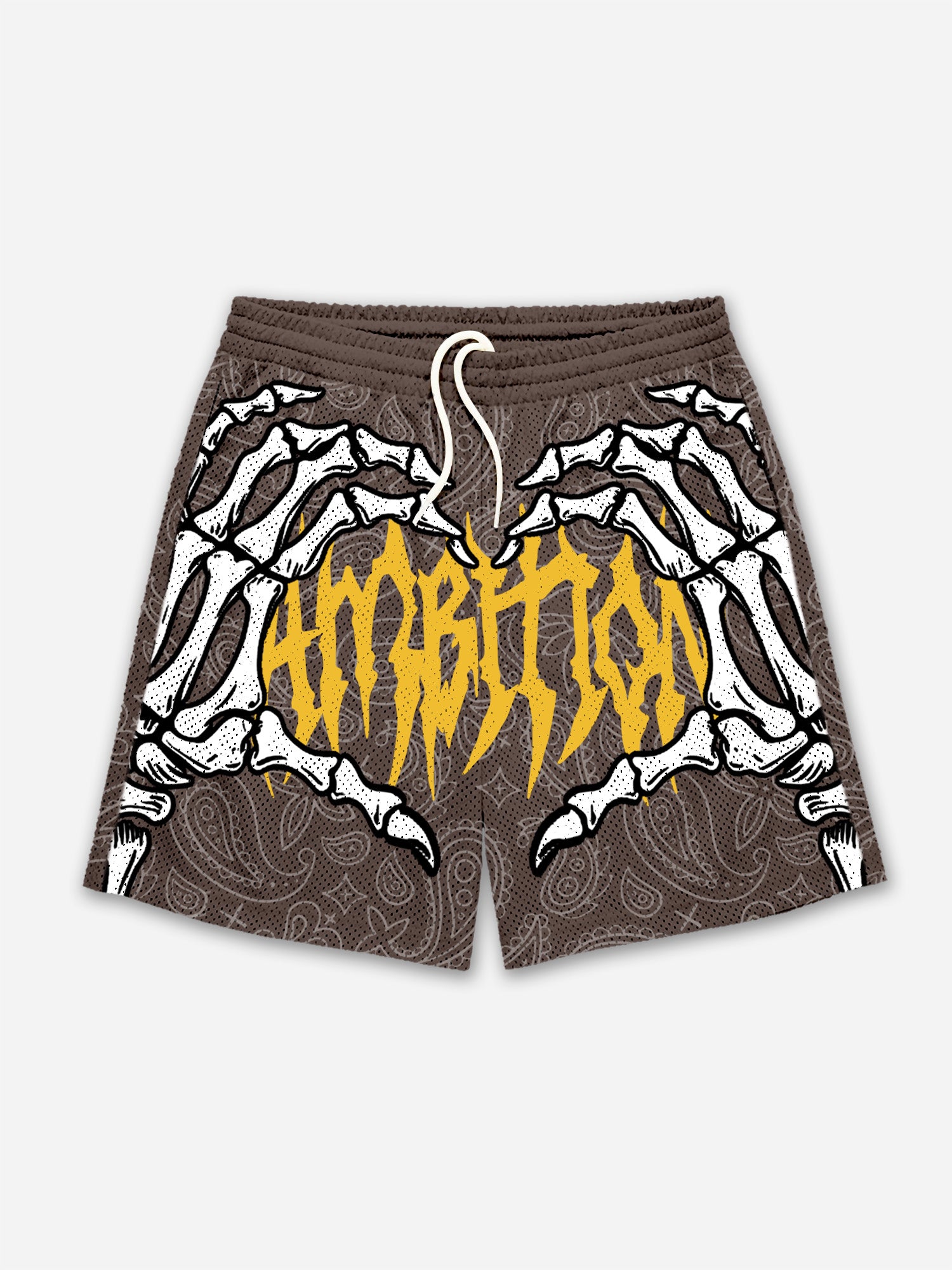 Ambition Skull Hand Cashew Flower Graphic Mesh Shorts