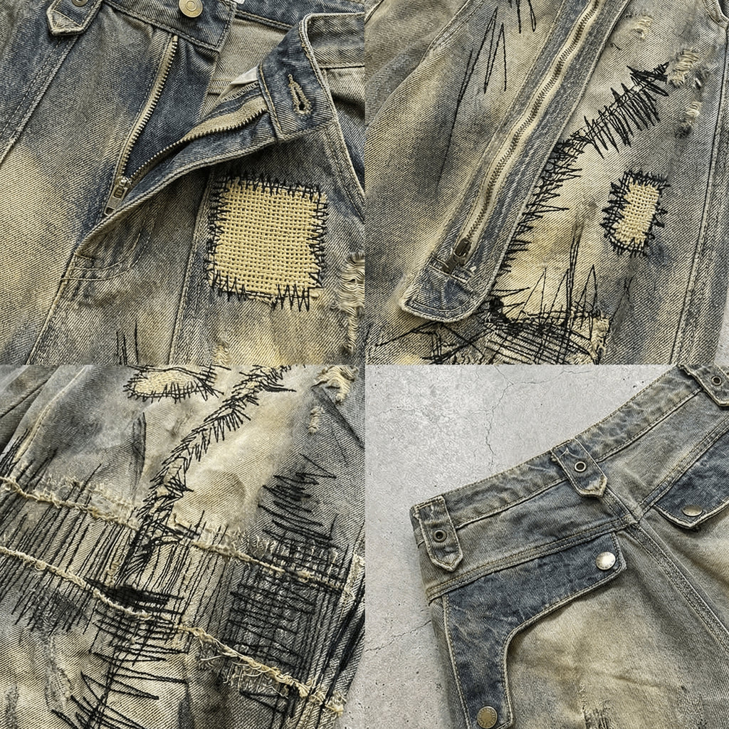Hand Stitched Distressed Baggy Jeans