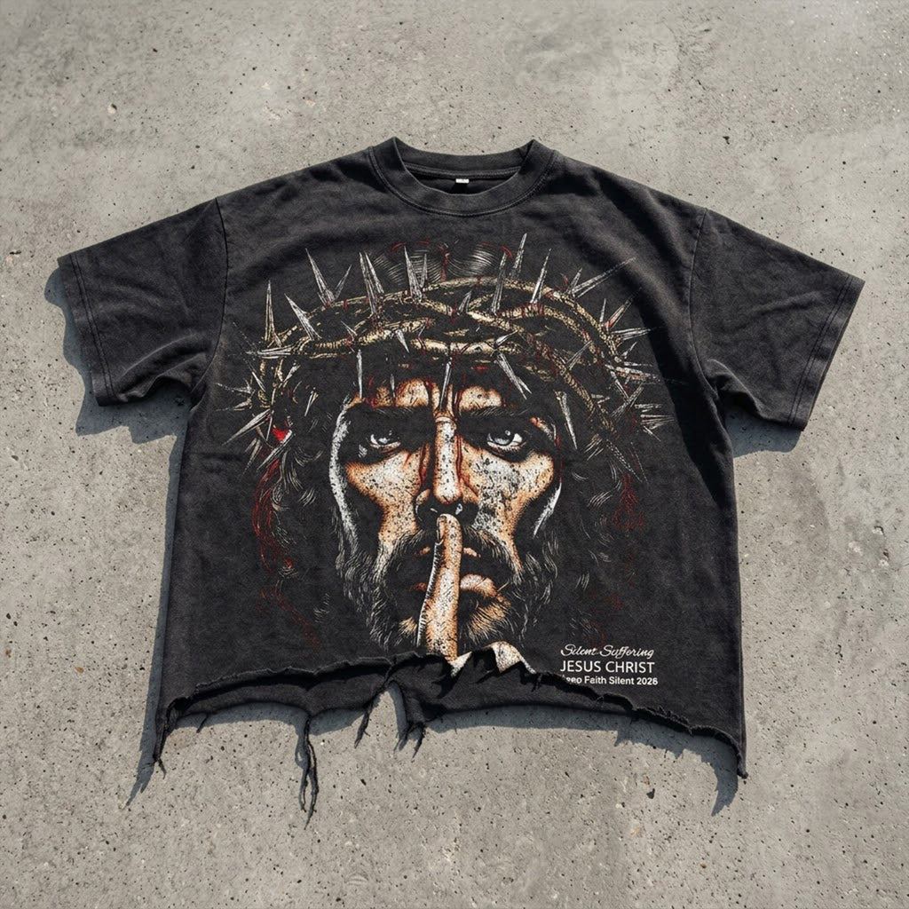 Retro Religion Jesus Thorns Christian Faith Graphic Crop Ripped T-shirt