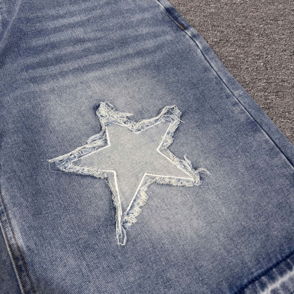 Streetwear Washed Distressed Star Appliqué Denim Jorts