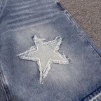 Streetwear Washed Distressed Star Appliqué Denim Jorts