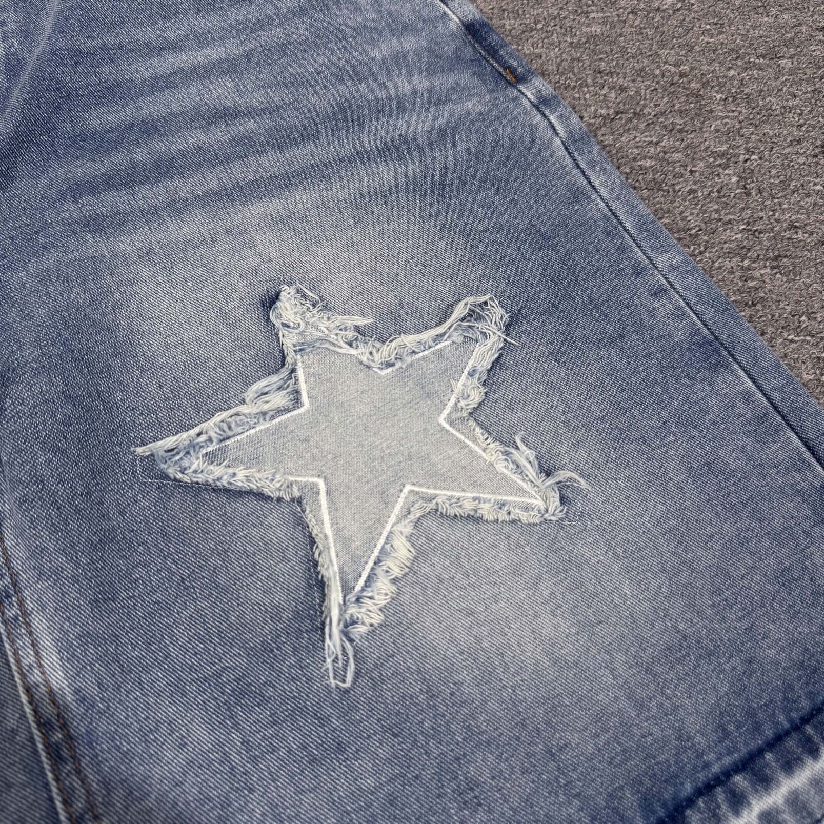 Streetwear Washed Distressed Star Appliqué Denim Jorts