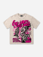 Men's Street God Loves The World Graphics Acid Washed T-shirt