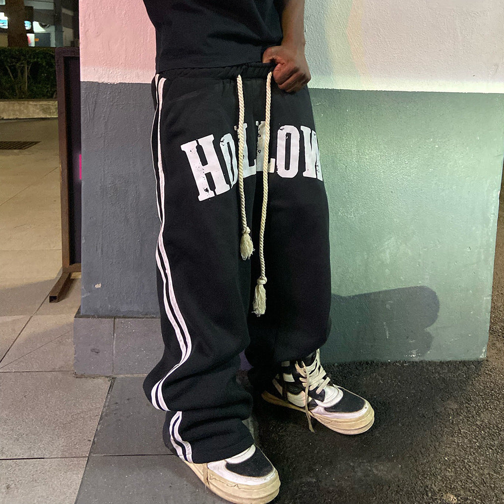 Retro Letter Print Trendy Drawstring Double Waist Sweatpants