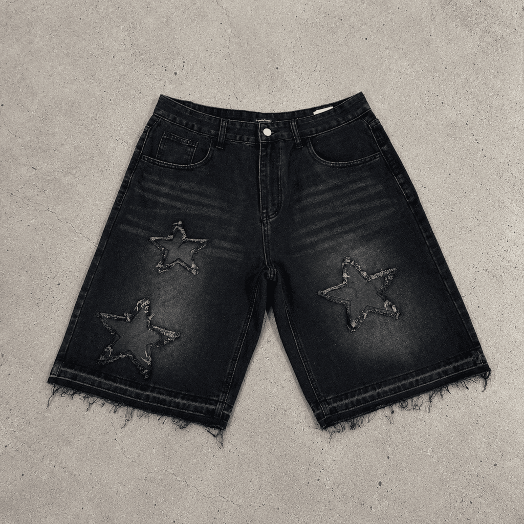 Streetwear Washed Distressed Star Appliqué Denim Jorts