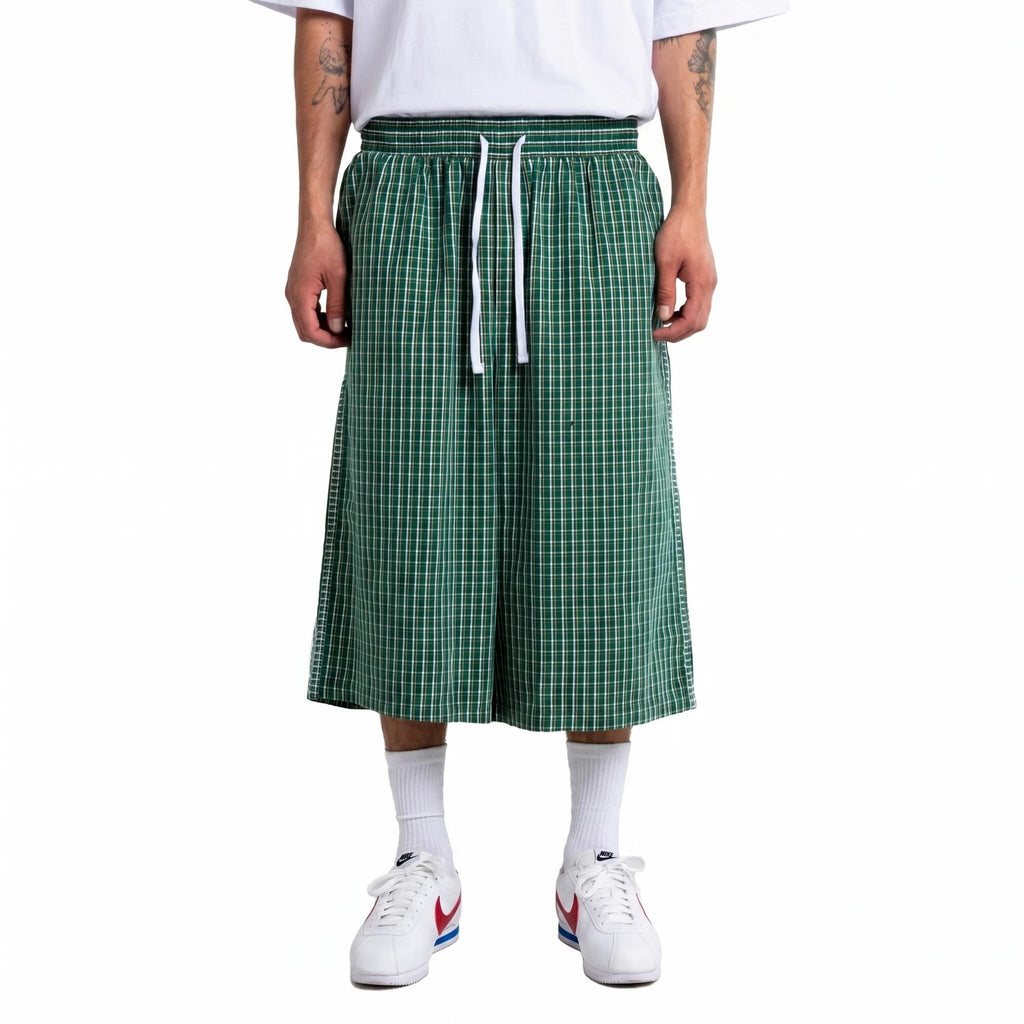 Textured Fabric Plaid Drawstring Casual Capri Pants