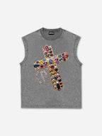 Diamond Cross Graphic Casual Acid Washed Tank Top