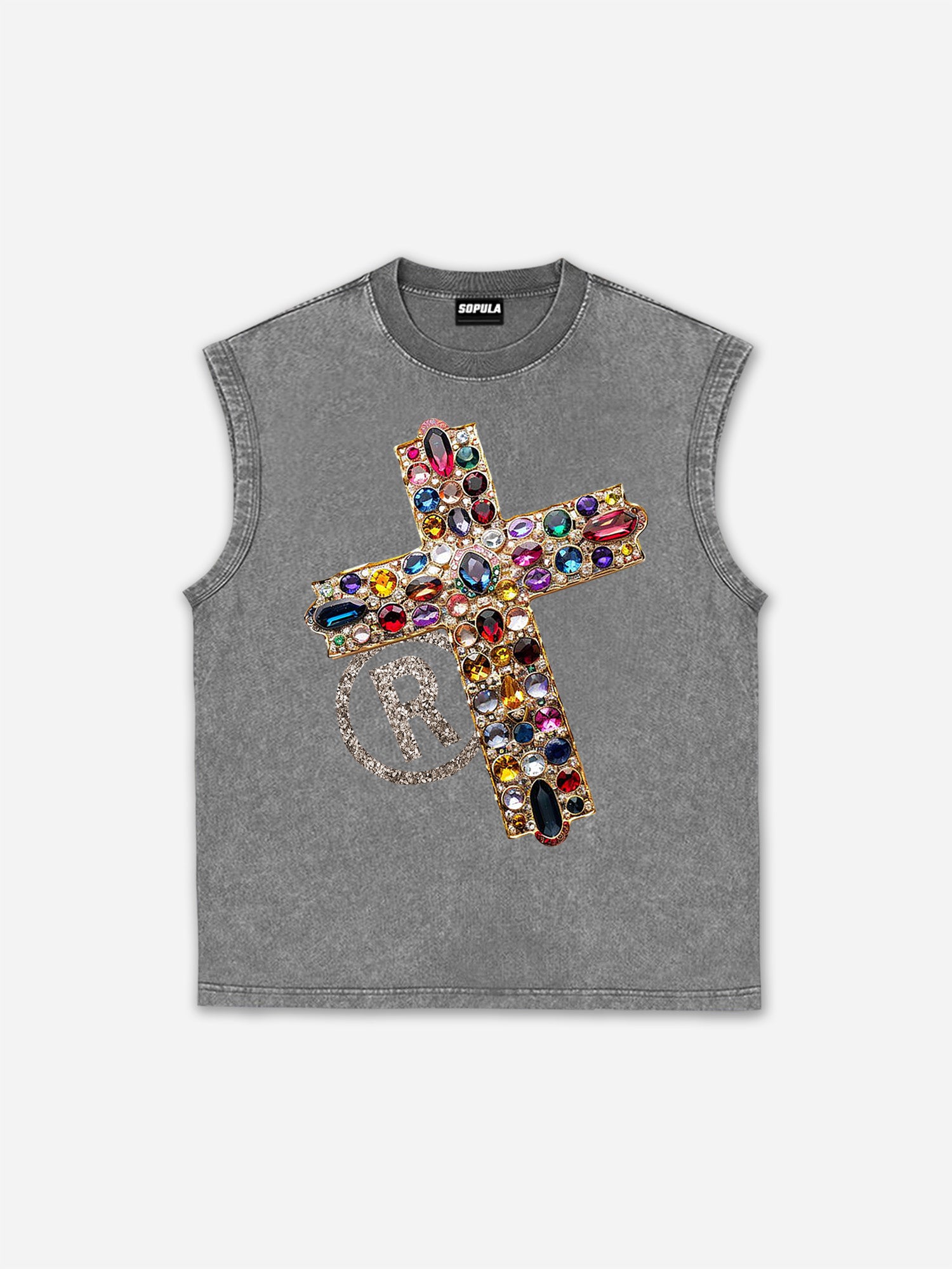 Diamond Cross Graphic Casual Acid Washed Tank Top