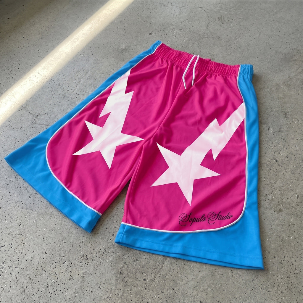 Star Graphic Pink And Blue Color Blocking Drawstring Shorts