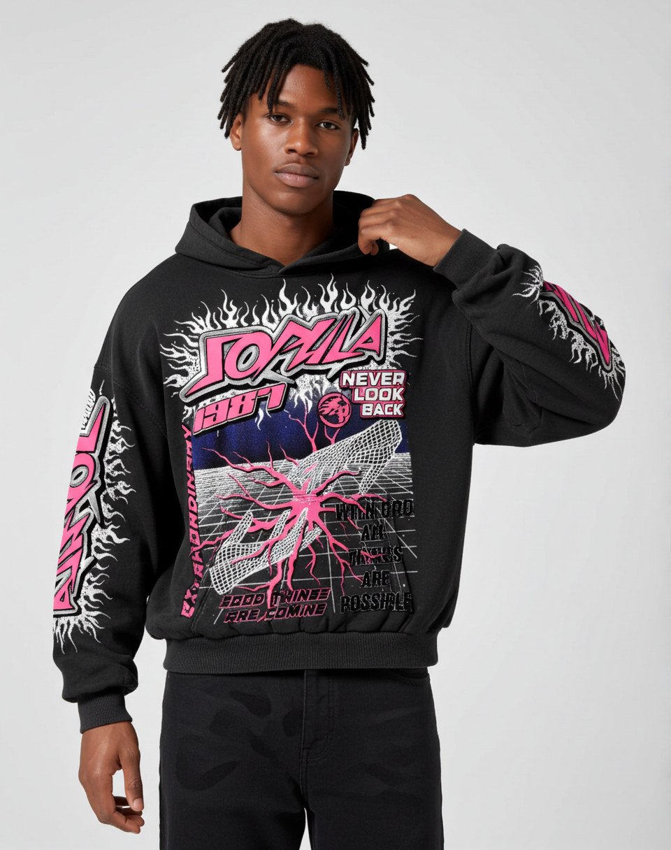 Flame Font Network Connection Vintage Graphic Washed Hoodie