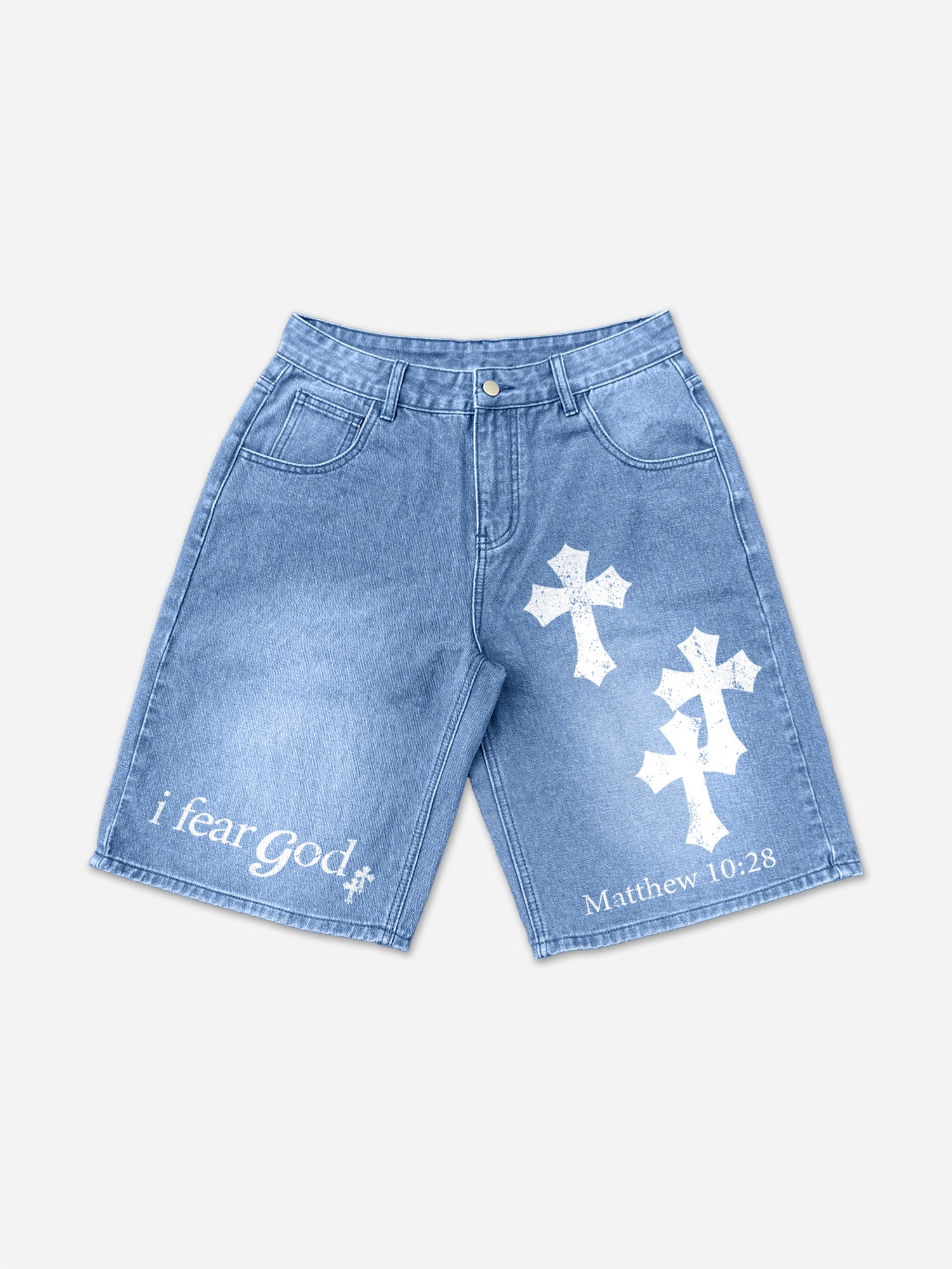 I Fear God Matthew 10:28 Cross Graphic Denim Shorts