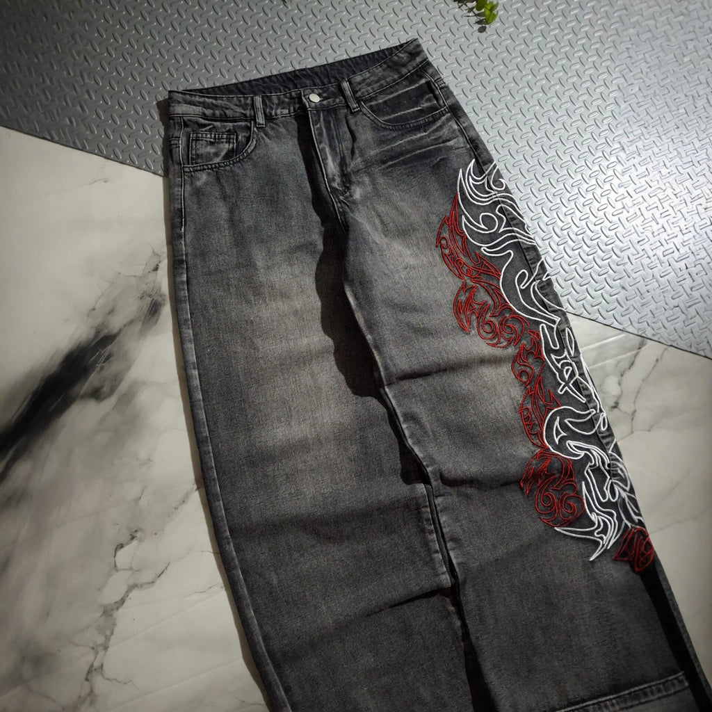 Retro Letter High Street Scimitar Stitching Wide Jeans