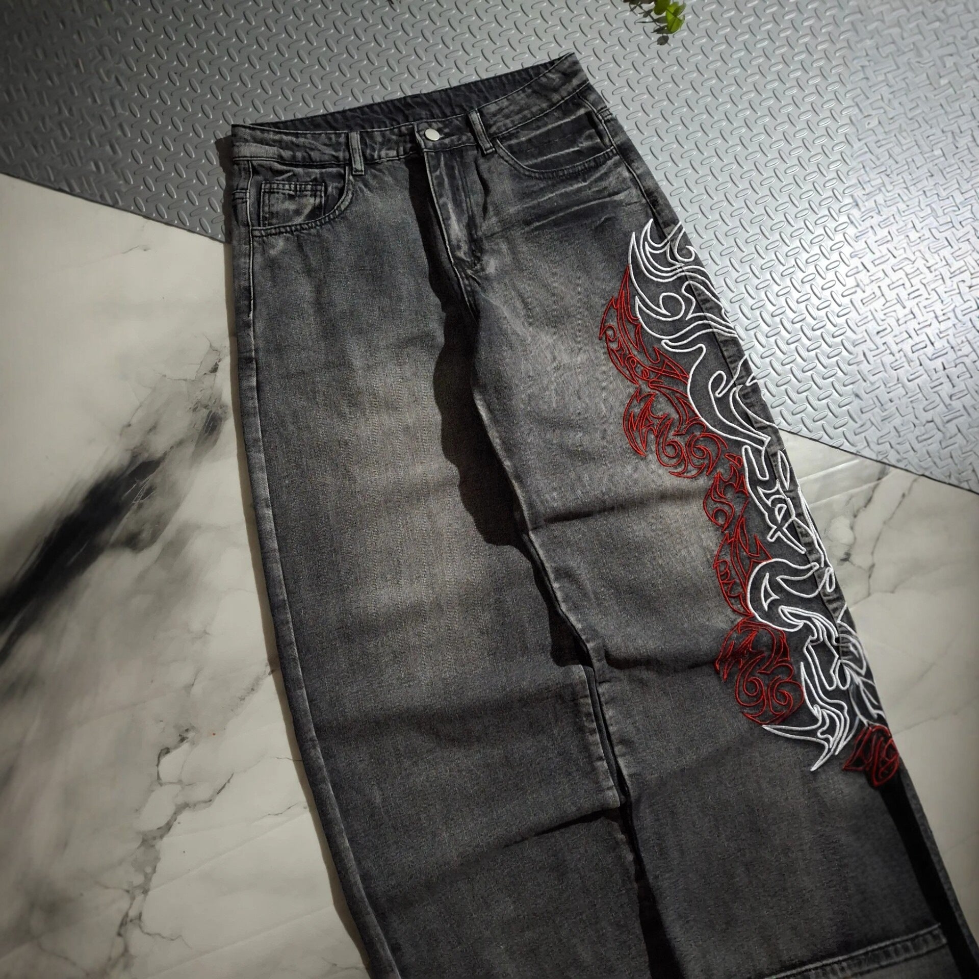Retro Letter High Street Scimitar Stitching Wide Jeans