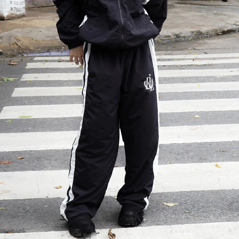 Sporty Striped Embroidered Casual Trousers