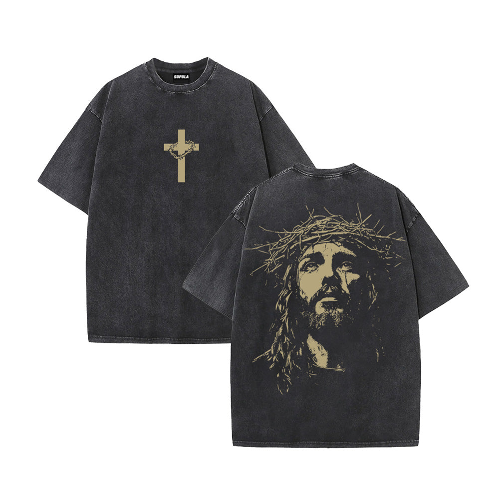Jesus With Crown Of Thorns Graphic Acid Washed T-shirt