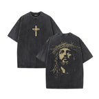 Jesus With Crown Of Thorns Graphic Acid Washed T-shirt