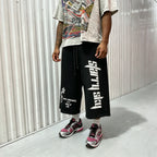 Text Pattern Drawstring Casual Pocket 3/4 Shorts