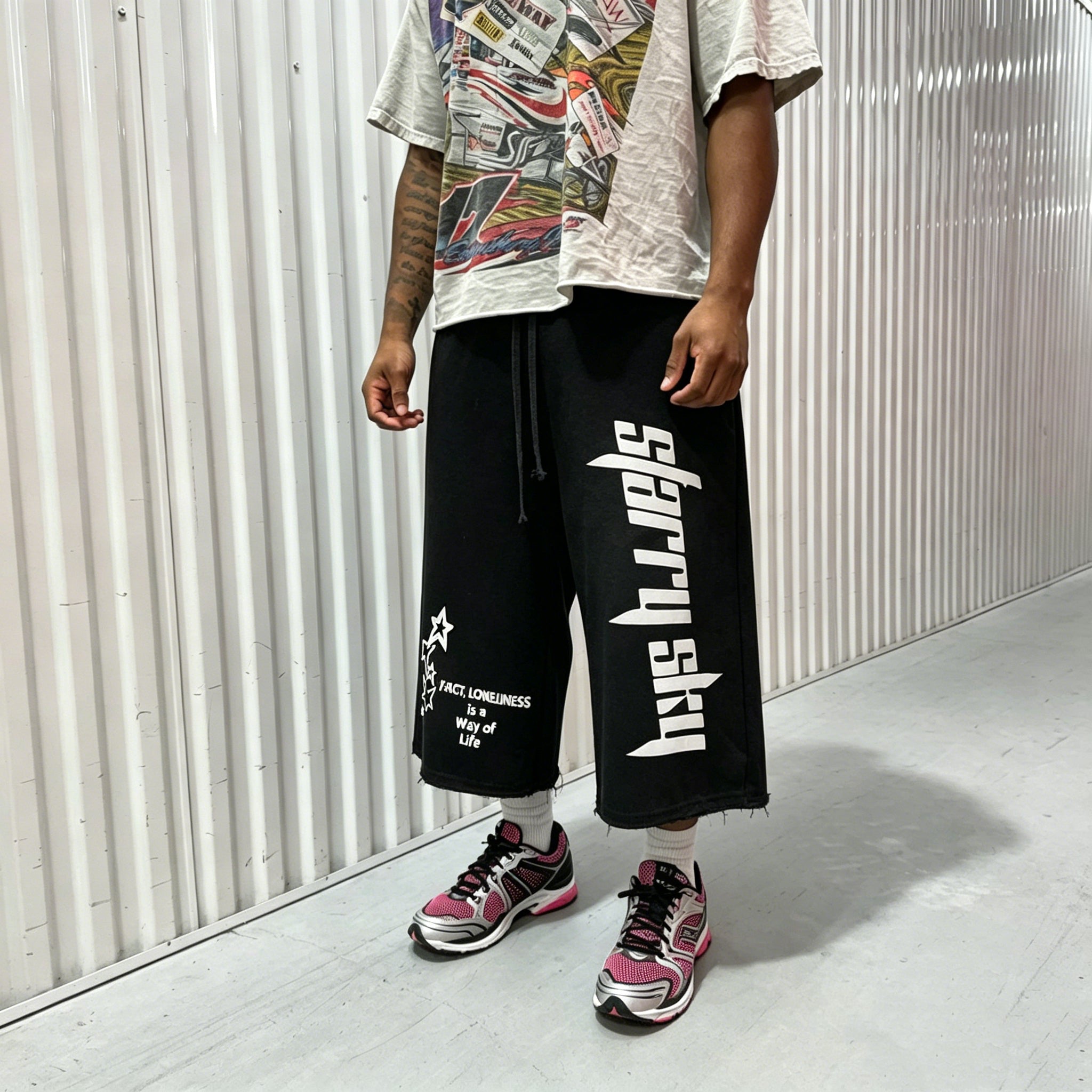 Text Pattern Drawstring Casual Pocket 3/4 Shorts