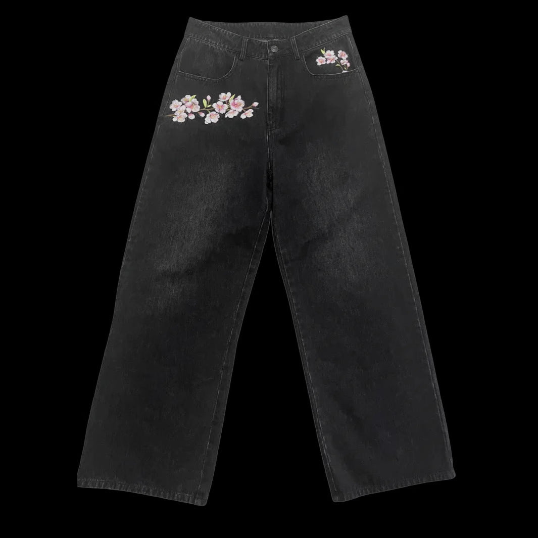 Men's Y2k Retro Floral Cherry Blossom Pattern  Baggy Jeans
