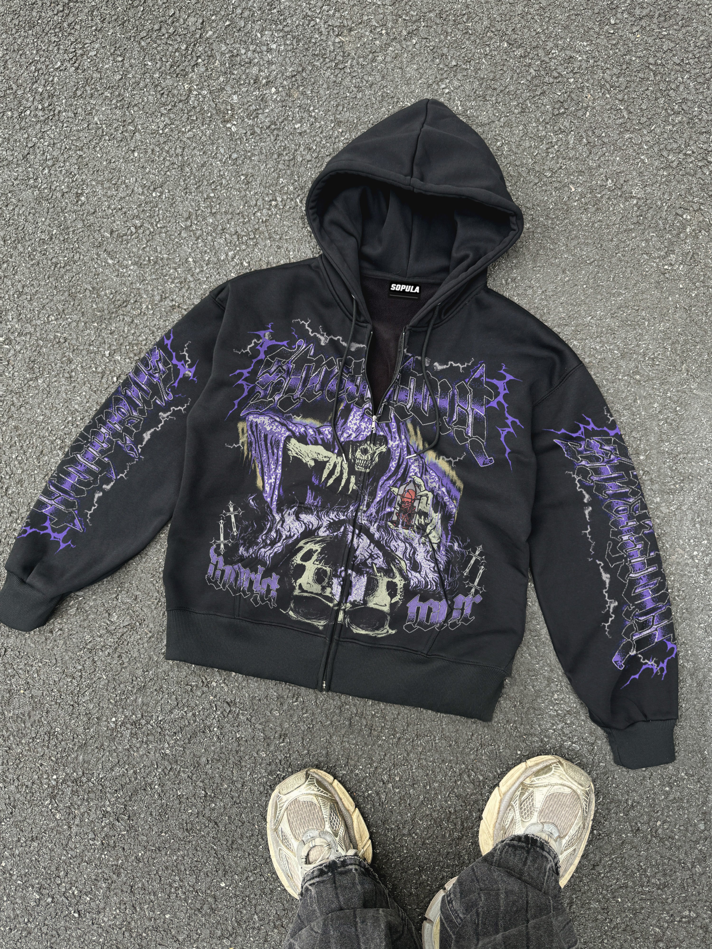 Vintage Grim Reaper Skull Graphic Print Zip-up Hoodie