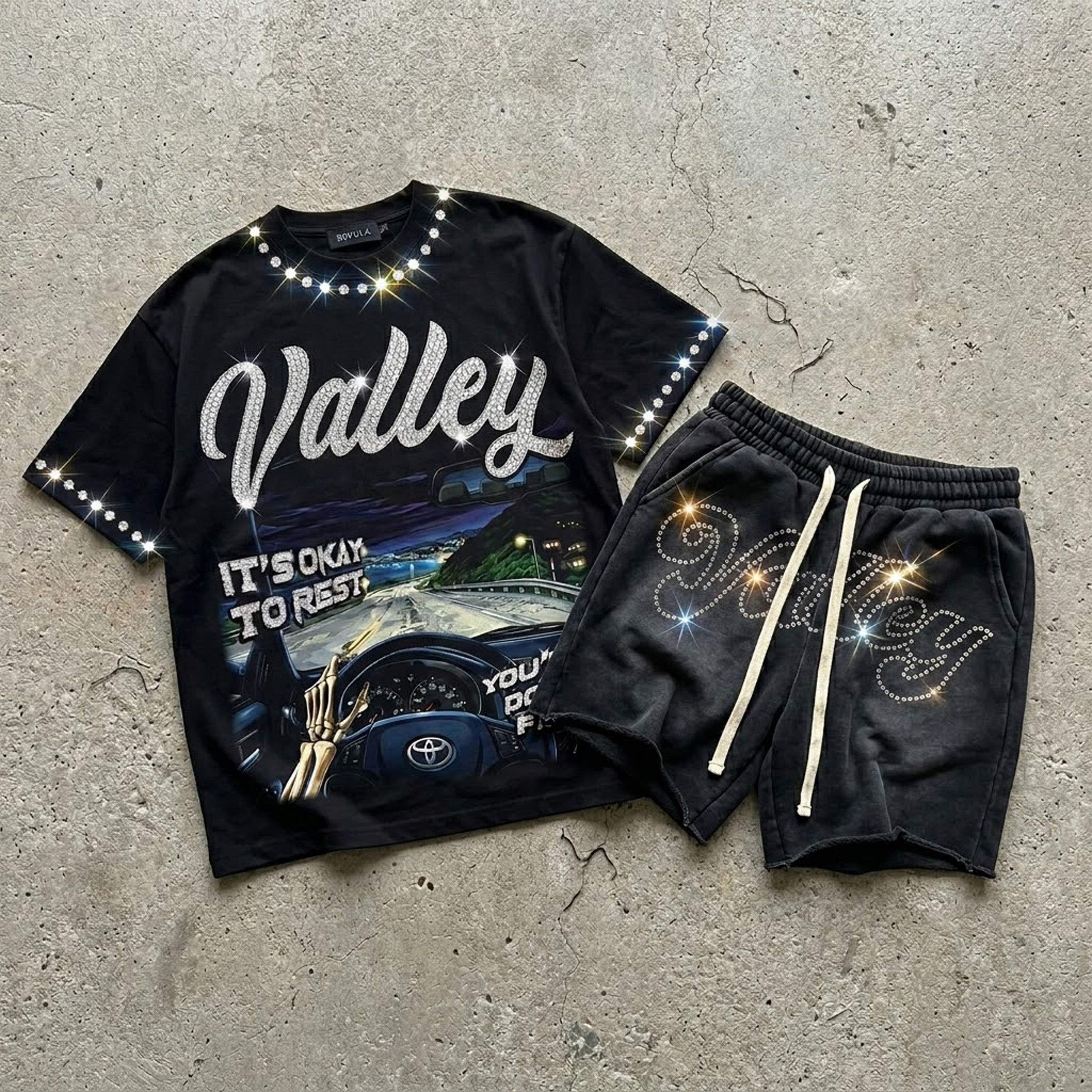Valley Nighttime Drive Rhinestone Craft T-shirt And Shorts Sets