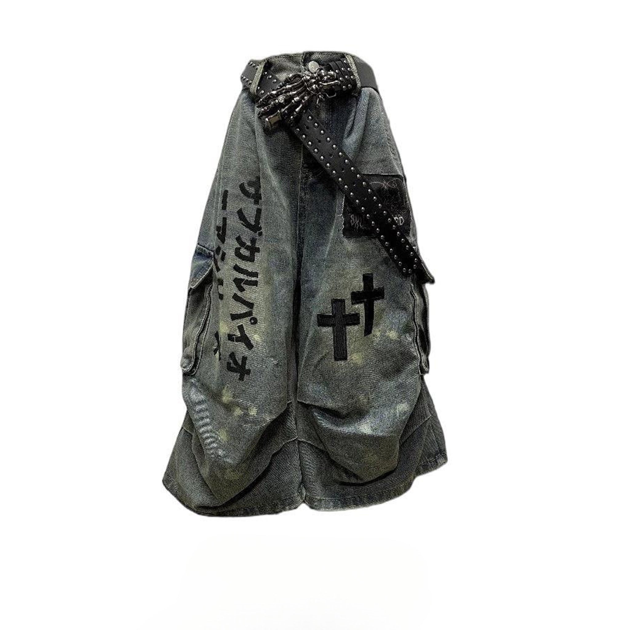 Hip-Hop Gothic Cross-style Denim Capri Baggy Jeans