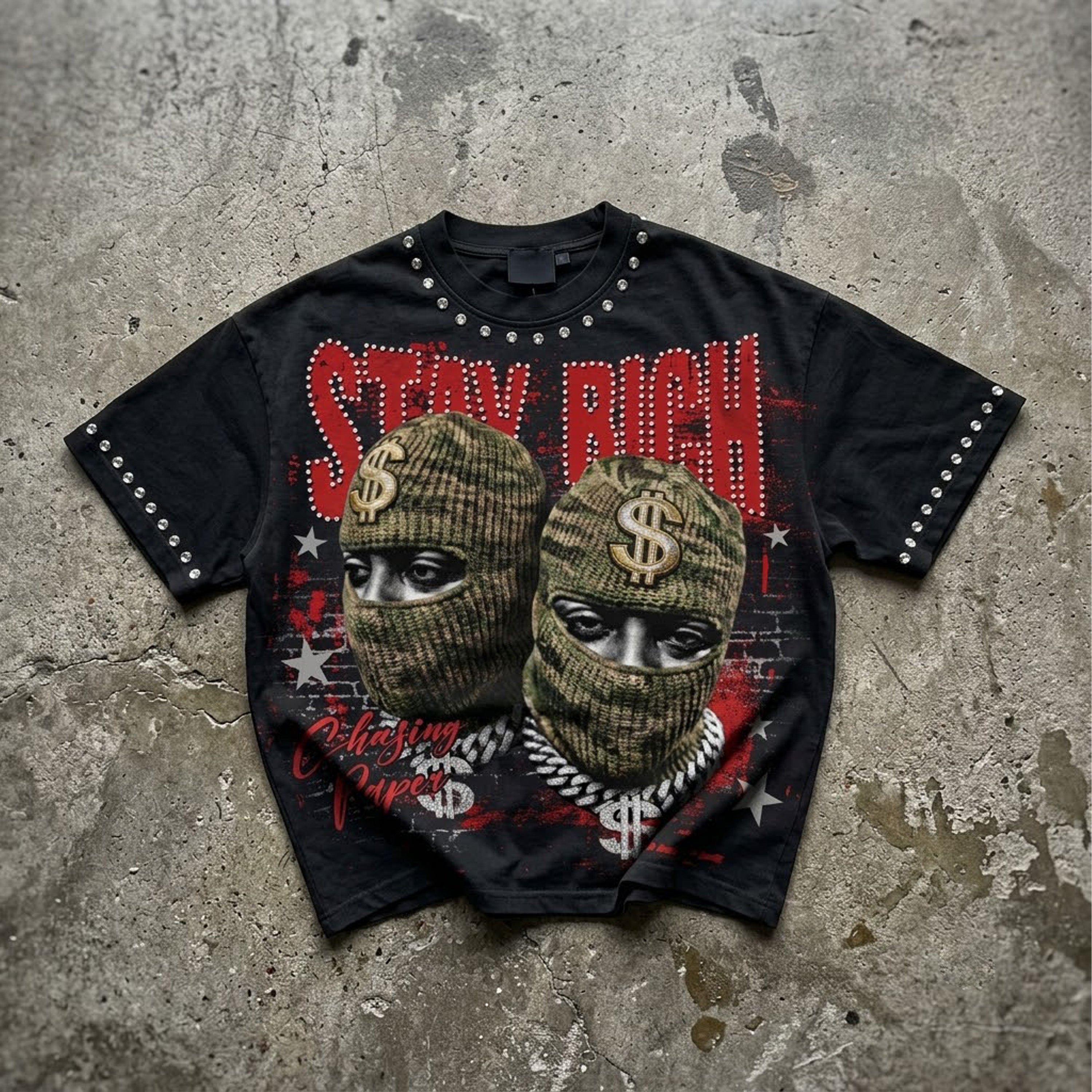 Stay Rich Street Money Character Graphic Rhinestone Cropped T-shirt