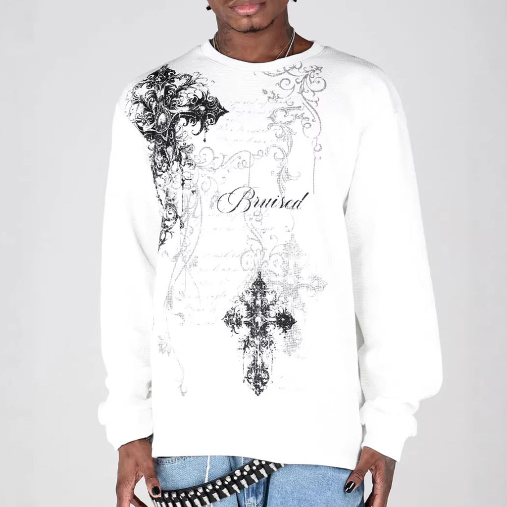 Gothic Cross Loose Waffle Long-sleeve T-shirt