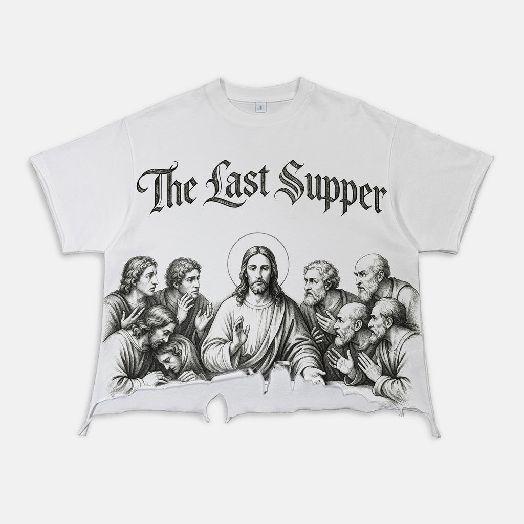 Retro Sketch Of Jesus At The Last Supper Graphic Crop Ripped T-shirt