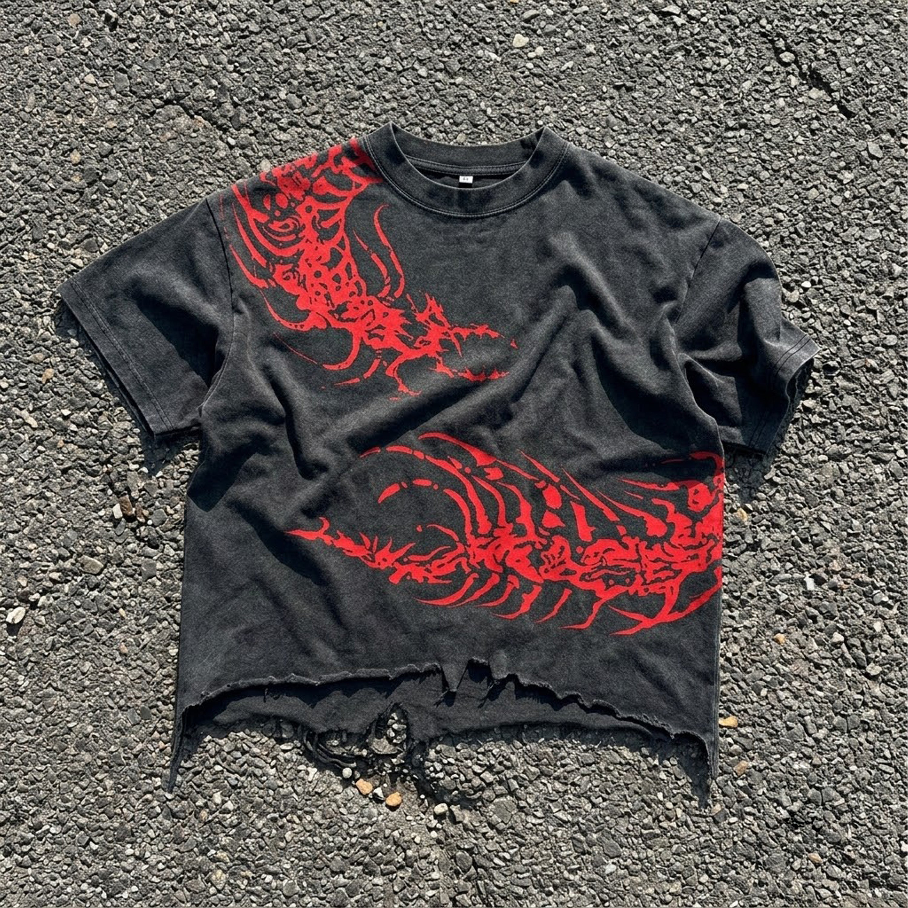 Y2k Dark Centipede Print Graphic Crop Ripped T-shirt