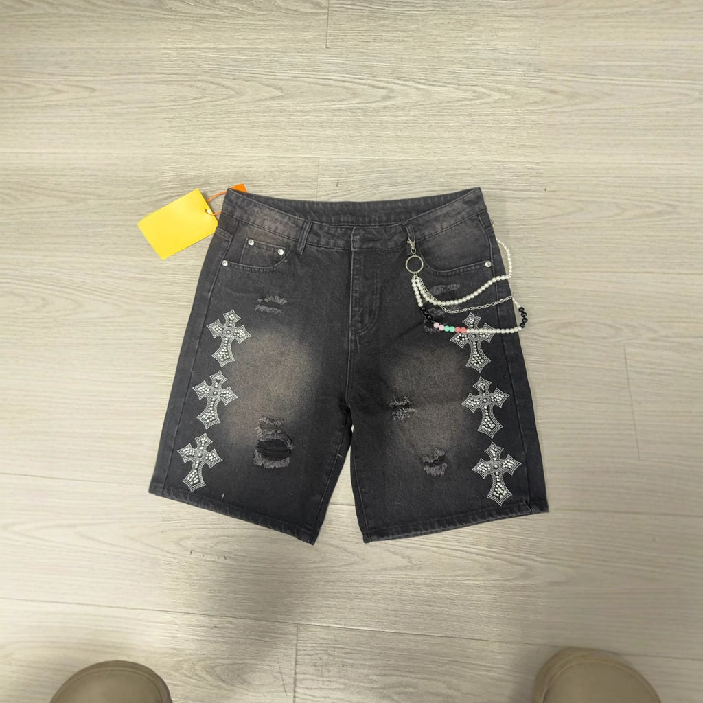 Washed Distressed Cross AppliquÉ Rhinestone Y2k Denim Shorts