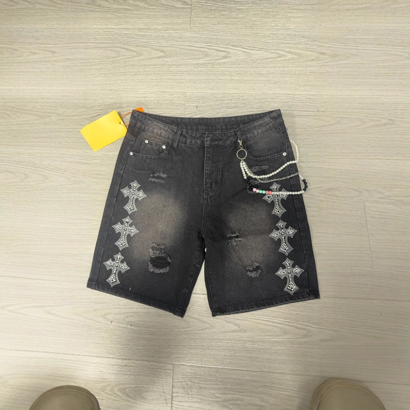 Washed Distressed Cross AppliquÉ Rhinestone Y2k Denim Shorts