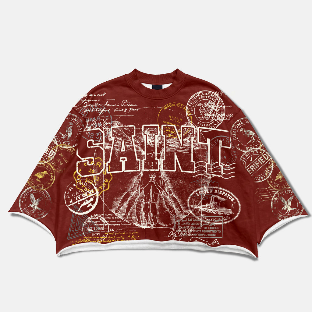 Saints Stamp Collage Vitruvian Man Vintage Graphic Boxy Crop T-shirt