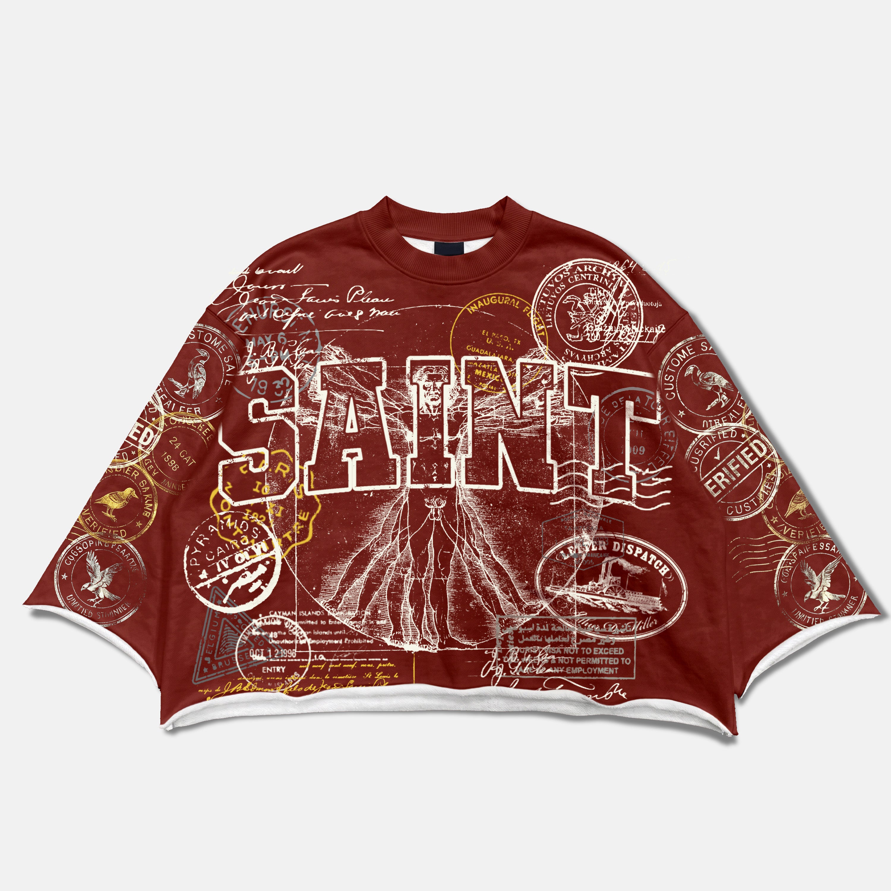 Saints Stamp Collage Vitruvian Man Vintage Graphic Boxy Crop T-shirt