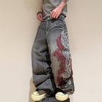 Retro Letter High Street Scimitar Stitching Wide Jeans