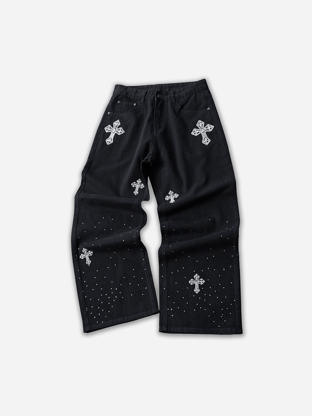 Cross Rhinestones Fit Denim Baggy Jeans