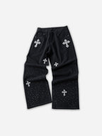Cross Rhinestones Fit Denim Baggy Jeans