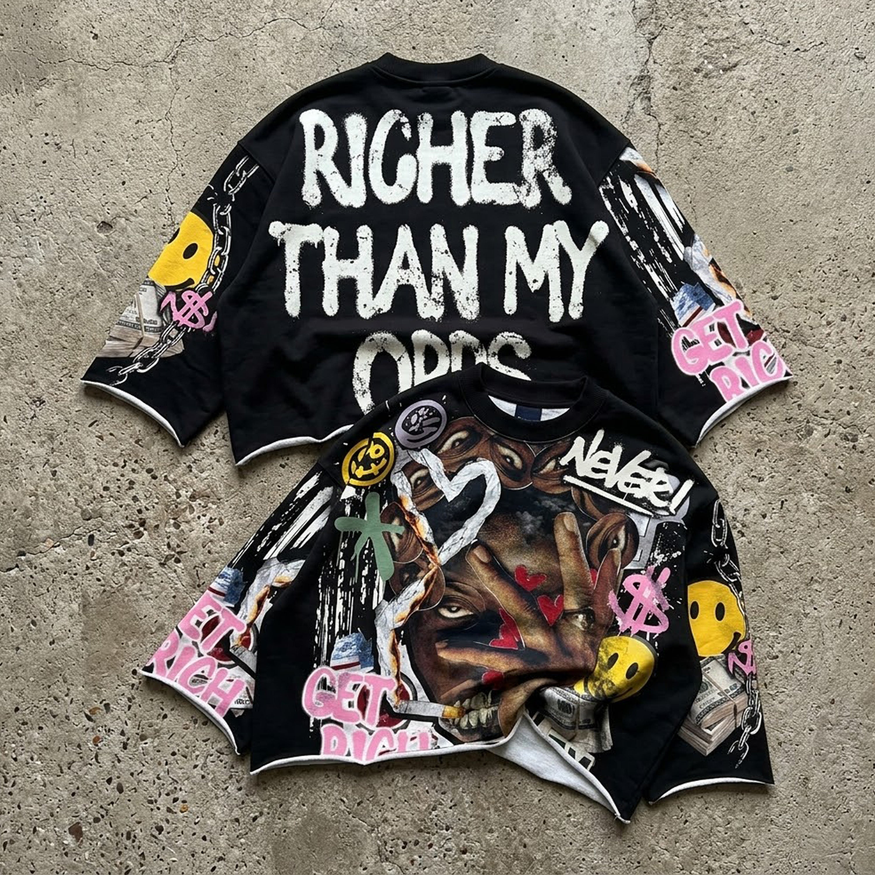 Get Rich Vintage Abstract Man Graphic Boxy Crop Crimped Edge T-shirt